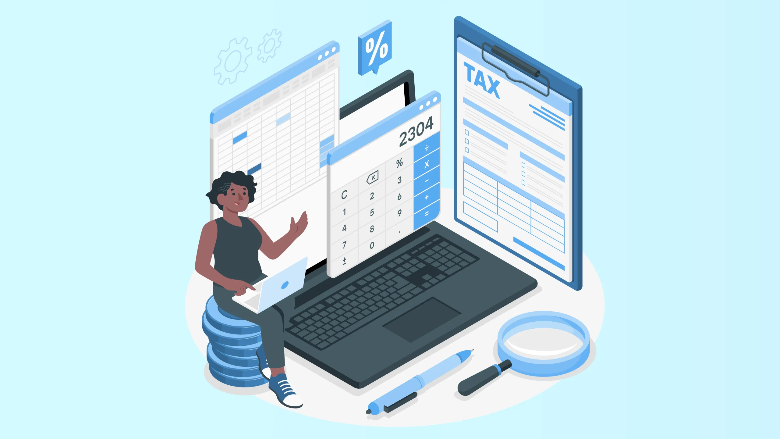 Payroll management illustration showing a person working with financial documents, calculator, and tax forms